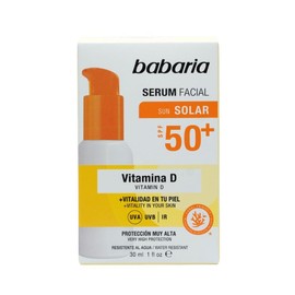 Babaria - Serum Protector Solar Facial FPS 50+ con Booster Vitamina D y Niacinamida | Bloqueador Solar Antiedad y Antioxidante | Protección UVA UVB IR HEV | Textura Ligera de Rápida Absorción | Coral Friendly y Biodegradable | Todo Tipo de Pieles | 30 ml