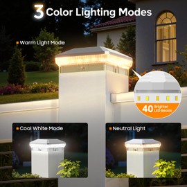 LETMY 6 Pack Solar Post Cap Lights Outdoor, 40 Brighter LEDs 4x4 Fence Post Solar Lights Outdoor with 3 Modes, Waterproof Deck Fence Cap Light Solar Powered for 3.5x3.5 4x4 Vinyl Wooden Posts (White)