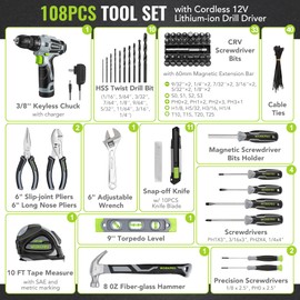 WORKPRO Home Tool Kit with Power Drill, 108PCS Power Home Tool Set with 12V 1.5 Ah Battery Powered Screwdriver and Tool Box, Electric Cordless Drill Set with Keyless Chuck and Variable Speed Trigger