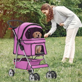 FDW Pet Stroller 4-Wheel Dog Cat Stroller Travel Folding Carrier Puppy Stroller with Cup Holder and Removable Liner for Small Medium Dogs Cats, Pink
