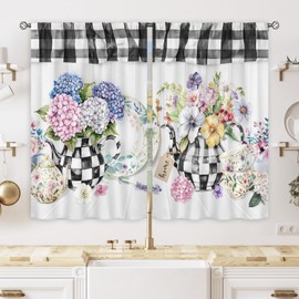 Riyidecor Spring Floral Kitchen Curtains Rustic Hydrangeas Buffalo Plaid Colorful Flowers Leaf Plant Farmhouse Vintage Rod Pocket Country Bedroom Living Room Treatment Fabric 2 Panels 27.5Wx39H Inch