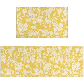 Ideasonna Yellow Floral Kitchen Rug Mat Spring Kitchen Rugs Sets of 2 Washable Kitchen Floor Mats Non-Slip Yellow Kitchen Decor