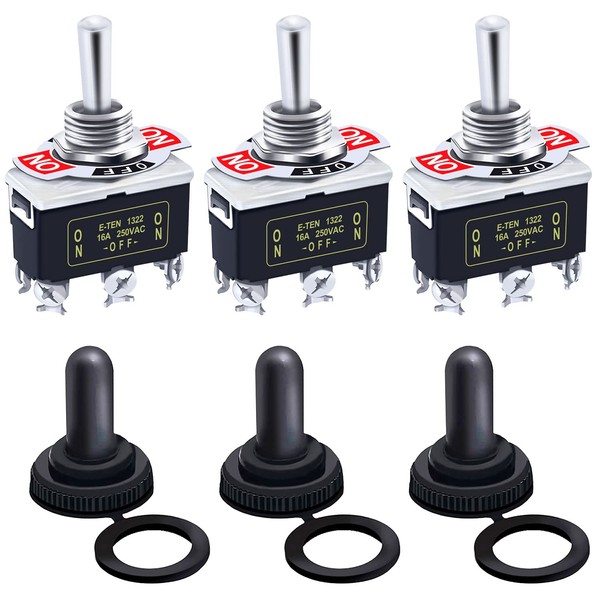 Twidec/3Pcs Heavy Duty Rocker Toggle Switch 16A 250V AC DPDT 3 Position 6 Pin ON/Off/ON Switch with Metal Bat Waterproof Boot Cap Cover Ten-1322-B203