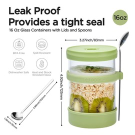 Spreccio Overnight Oats Jars with Spoon and Silicone Lid 16 oz [2 Pack], Airtight Glass Jars for Overnight Oats, Glass Meal Prep Containers with Lid for Cereal On The Go Container (Green)