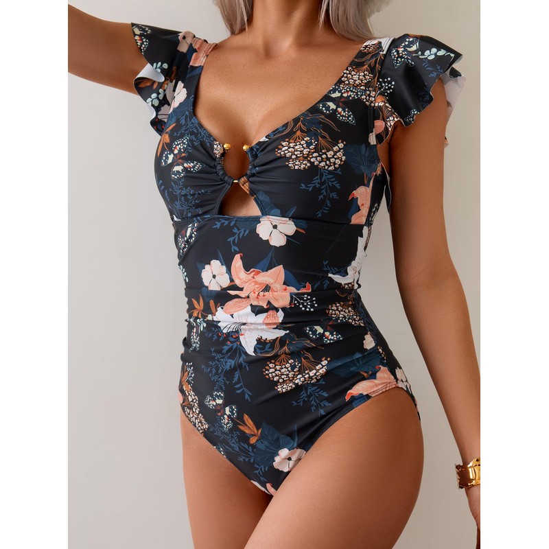 Eomenie Womens Ruffled One Piece Swimsuit Tummy Control Curvy Bathing