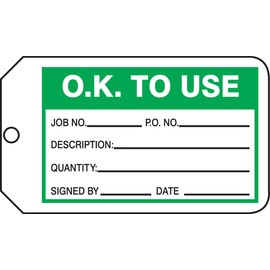 Accuform MMT325CTM PF-Cardstock Production Control Tag, Legend "O.K. to Use", 5.75" Length x 3.25" Width x 0.010" Thickness, Green/Black on White (Pack of 5)