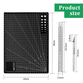 OMJMYY Schneidematte A4 Cutting Mat Schwarz Doppelseitiges Gitte Selbstheilend Schneideunterlage mit Stahllineal Ersatzklingen für Basteln Nähen Patchworken Malen