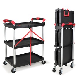 Yenntrss Foldable Service Utility cart,3 Tier Collapsible Cart with 360° Swivel Wheels,Ergonomic Handle Portable Tool Cart for Office,Garage,Warehouse (Black&Red)