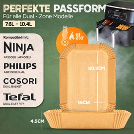 KNUSPERLIEBE® Baking Paper for Hot Air Fryer with Double Chamber, Pack of 100, 20.5-14 cm, Rectangular, Airfryer Paper Liners Compatible with Ninja Dual/Double Stack, and Other Dual Zone Air Fryer