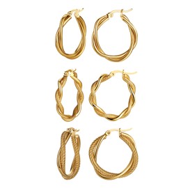 Cupimatch Women's Twisted Hoop Earrings, 3 Pairs: 18K Gold-Plated Stainless Steel Twisted Hoop Earrings, Simple Anti-Allergy, Large Hoops, Thick Earrings, Gold, Stainless Steel
