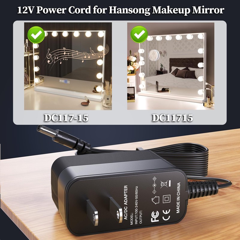 12V 2A Power Cord for Vanity Mirror Adapter for Hansong
