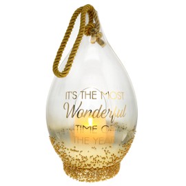 Pavilion - It's The Most Wonderful Time of The Year - 14.5" Hand Blown Glass Gold Beaded Rope Lantern LED Candle Holder Winter-Themed Terrarium Holder Holiday Christmas Winter Wonderland Decor
