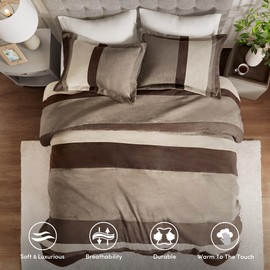 Comfort Spaces King Comforter Set, 3 Piece Luxe Microsuede, Pieced Design Color Block Stripes Bedding Comforter Sets, All Season Soft Brushed Microfiber Reverse, Matching Shams, King/Cal King, Neutral