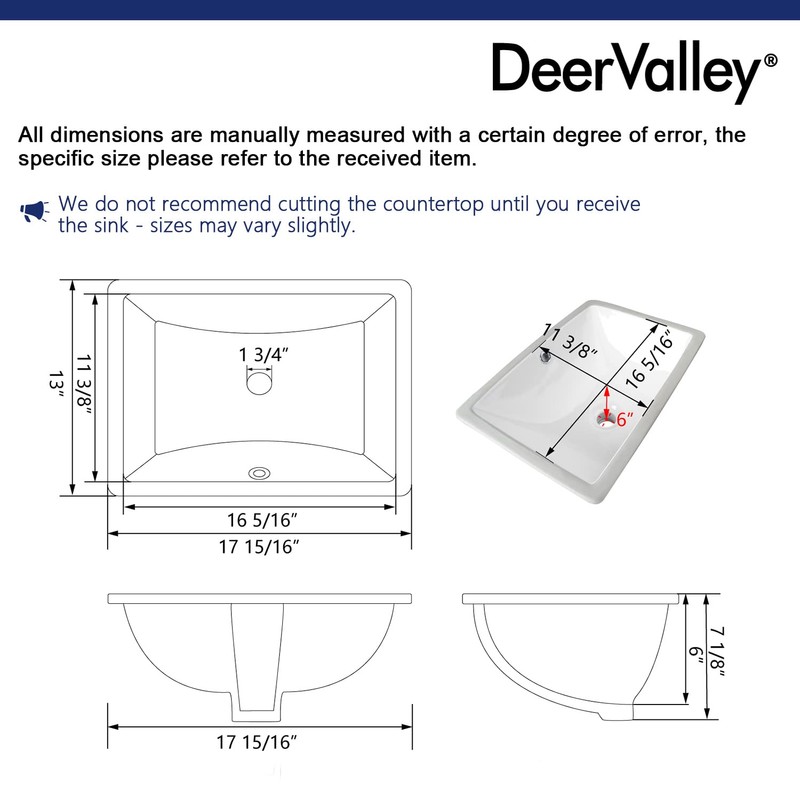 DeerValley DV-1U306 Ursa Undermount Bathroom Sink, 18'' x 13'' Vessel