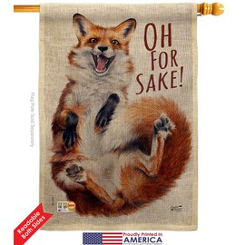 Fox Sake Burlap House Flag Dowel Set Animals Wildlife Outdoor Deer Bear Wolf Pet Nature Farm Animal Creature Small Decorative Gift Yard Banner Double-Sided Made In USA 28 X 40