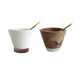 Bloomingville Marble and Mango Wood Pinch Pot with Spoon, White and Brown, Set of 2, Small, Multi