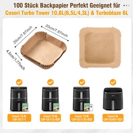 Pack of 100 Airfryer Baking Paper Accessories for Hot Air Fryer Cosori Turbo Tower Pro & Smart Airfryer 10.8 L Double Stack, Baking Paper for Cosori Turboblaze Air Fryer CAF-DC601-KEU & CAF-DC112-ADE