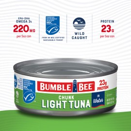 Bumble Bee Chunk Light Tuna In Water, 5 oz Cans (Pack of 48) - Wild Caught Skipjack Tuna - 23g Protein Per Serving - MSC Certified Sustainable Seafood, Non-GMO, Gluten Free, Kosher