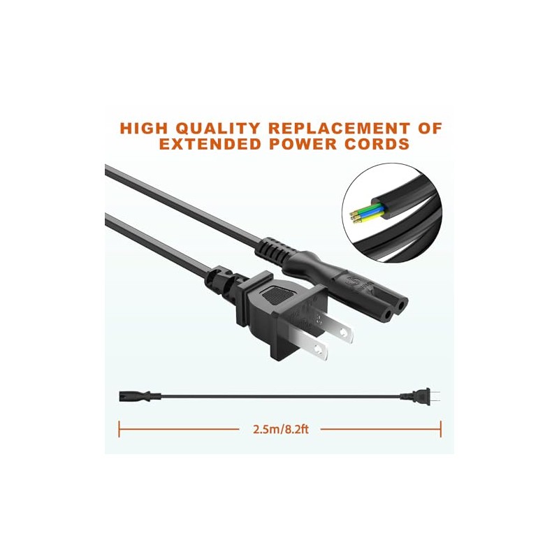 8.2FT 2 Prong AC Power Cord Cable for Under Desk