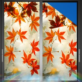 Nuxovilar Frosted Glass Maple Leaf Window Film, 16.9×39.4inch, Autumn Maple Leaf Pattern Static Cling for Home & Decor (Sparkle)