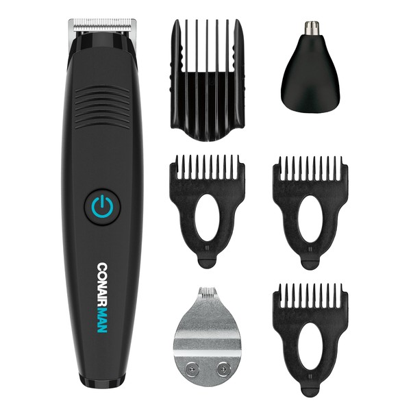ConairMAN All-in-One Beard Trimmer for Men, for Face, Nose and Ear Hair Trimmer, Perfect for Travel, 7 piece Men's Grooming Kit, Lithium Battery-Powered