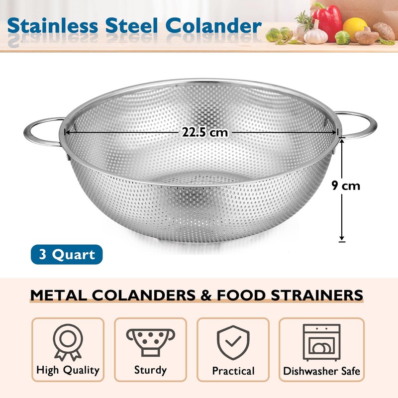 Stainless Steel Colander 22cm, Herogo Metal Kitchen Colanders with Handle,