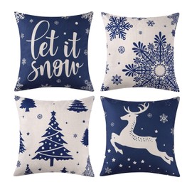 CAROMIO Christmas Decoration Pillow Covers 18 x18 Set of 4 Farmhouse Decor Throw Pillow Covers for Home Merry Christmas Tree Deer Hello Winter Holiday Decor Throw Cushion Case for Home Couch, Blue