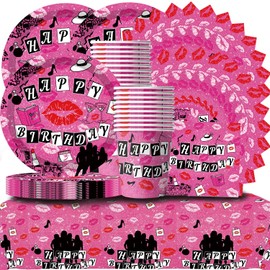 61 Pieces Meangirl Birthday Table Deco, Lady Decoration, Evil Girls, Pink Fashion Girls Party Plates, Cups, Tablecloths, Napkins, Bachelorette Party Tableware, Bat Mitzvah Party