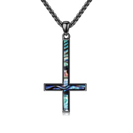 HUKKUN Upside Down Cross Necklace Sterling Silver Black Abalone Shell Inverted Cross Pendant Necklace Satanic Jewelry Gift for Women