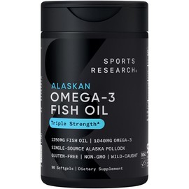 Sports Research Triple Strength Omega 3 Fish Oil 1250mg from Wild Alaska Pollock - Burpless Fish Oil Supplement with Omega3s EPA & DHA - Sustainably Sourced, Non-Gmo, Gluten Free - 30 Softgels:_Triple Strength Omega-3 1250mg_30 Count
