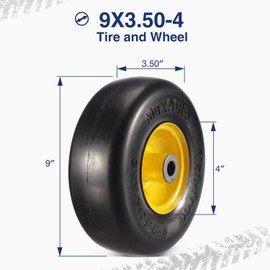 MaxAuto 9x3.50-4 Flat Free Lawn Mower Tires, 9x3 50 4 Lawnmower Wheel Assemblies, Smooth Tread Zero Turn Tire for King Kutter/Scag/Kubota Riding Mowers, 3.5" Centered Hub, 3/4" Bushings, 2 Pack