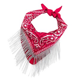 Women Finged Bandana Western Cowgirl Scarf Rhinestone Tassel Neckerchief Bachelorette Last Disco Party Favor (Red)