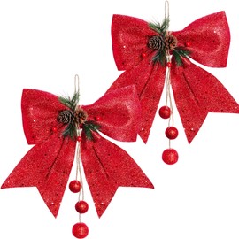 HONGCI 2 Pack Red Bows for Christmas Tree,Large Glitter Red Wreaths Bows Christmas Bows for Tree Decorations,Xmas Tree Bows,Sequin Bows Ties Ornaments for Christmas Tree,Wreaths,Garland Decorations