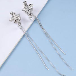 Cimenexe Bohemian Butterfly Pearl Cuff Earrings Long Silver Round Snake Chain Tassel Earrings Butterfly Cartilage Wrap Earrings Pearl Drop Chain Clip on Earrings Jewelry for Women and Girls