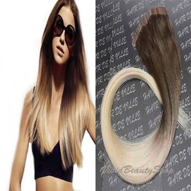 20 Pieces 22" Inches Balayage Ombre Two Tone PU Tape in Skin Weft Human Hair Extensions Color T 4/613 Medium Brown Faded to Bleach Blonde
