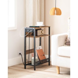 CHOEZON Narrow Side Table with Charging Station, Skinny End Table, Slim Nightstand for Small Space, Sofa Beside Table with Storage Shelf, for Living Room, Bedroom, Rustic Brown and Black TBZ05UBF