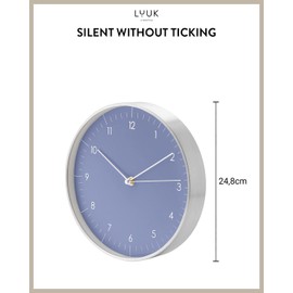 LUUK LIFESTYLE Minimalist wall clock with silent movement, no ticking, modern design, kitchen clock, decoration and gift idea, in blue and silver