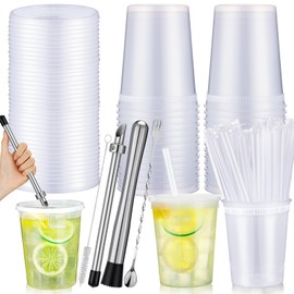LemonRoad 24 Set Lemonade Stand Supplies Lemonade Stand Kits Include 24 Pcs 32oz Plastic Cups with Lid and Straw, Straw Puncher for Plastic Lids, Muddler, Mixing Spoon, Cleaning Brush for Summer Party