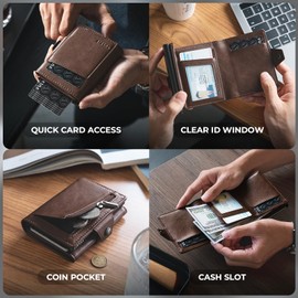 VULKIT Wallet for Men with Pop Up Card Holder 10-12 Cards, Trifold RFID Blocking Credit Card Wallet with ID Window, Cash Slot, Zip Coin Pocket, Minimalist Smart Compact Metal Aluminum Card Case