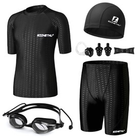 WOTOW Traje de Baño para Hombre 6 en 1, Bañador Corto de Natación Secado Rápido, Incluye Gafas, Gorro de Natación, Tapones Oídos, Pinza Nasal, para Surf Natación Actividad Acuática (Negro, L)