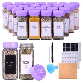 GMAMXD 24 Glass Spice Jars with Labels,Spice Jar Set,4oz Spice Containers,Seasoning Containers with Purple Airtight Lids and Shaker Lids,Square Empty Spice Bottles,492 Labels,1 Funnel