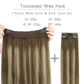 WENNALIFE Wire Hair Extensions(Increase 50% Lifespan)Real Human Hair 12 inch 100g Balayage Chocolate Brown to Honey Blonde Remy Real Hair Extensions Invisible Wire Hair Extensions Human Hair Fish Line