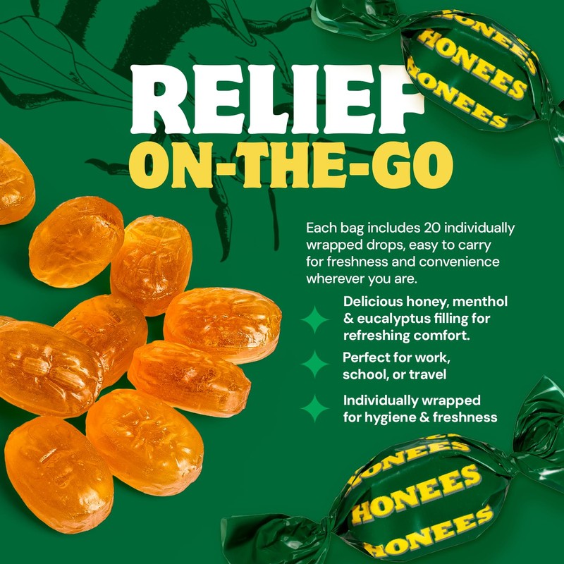 Honees Filled Menthol Cough Drops, Honey, Menthol & Eucalyptus Cough