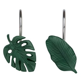 Tropical Leaf Decorative Shower Curtain Hooks Dark Green Botanical Shower Curtain Rings, Resin, Monstera Deliciosa Strelitzia Reginae Leaves Shower Curtain Hangers for Bathroom, Set of 12