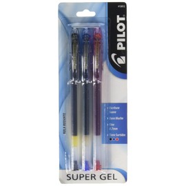 Pilot bolígrafo Super Gel, punto fino (0.7 mm.), blíster con 3 piezas con tinta de colores negro, azul y rojo