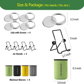 VOLCANOES CLUB Sprouting Lids Growing Kit - 316 Stainless Steel Sprouting Lids for 86mm Wide Mouth Mason Jar with Stands & Blackout Sleeves - Organic Sprouts, Broccoli, Alfalfa Sprout Kit (Set of 4)