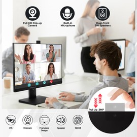 SKitphrati 23.8” Business Webcam Gaming Monitor, 1080P IPS 120HZ, Video Conference Monitor - Built-in Adjustable 3MP Webcam, Mic Array, Speakers, Eye Care, Frameless, HDMI, DP, VGA, USB 2.0