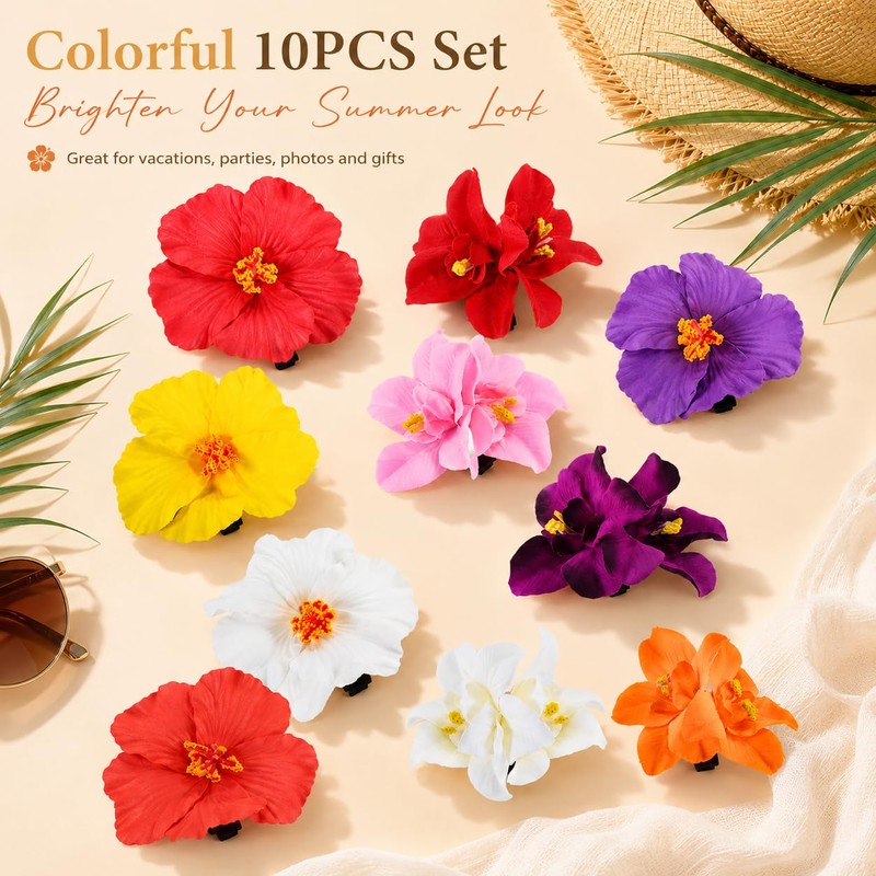 10 Pcs Hawaiian Flower Hair Clips for Women, Artificial Hibiscus