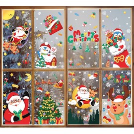 317pcs Christmas Window Stickers Reusable Christmas Snowflake Penguin Clings Stickers Christmas Tree Santa Claus Reindeer Window Decals Double Sided Christmas Window Decorations