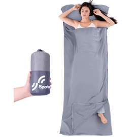 Sportneer Hut Sleeping Bag - 2-in-1 Sleeping Bag Travel Sleeping Bag (450 g), Sleeping Bag Lining with Full Zip & Pillow Compartment, Ideal for Backpacking, Hostels and Mountain Huts - 220 x 90 cm
